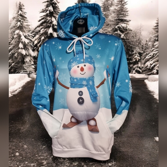 Super Cute Christmas Winter Snowman Double Sided Print Hoodie Pullover - Picture 2 of 10